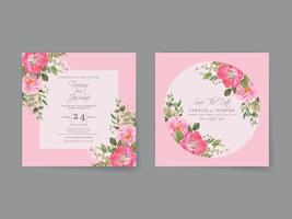 wedding invitation card set with beautiful pink flowers design vector