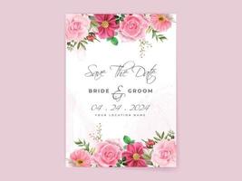 wedding invitation card set with beautiful pink flowers design vector