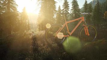 cykel i bergsskog vid solnedgången video
