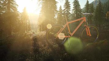 vélo dans la forêt de montagne au coucher du soleil video