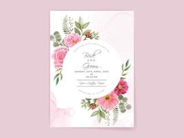 wedding invitation card set with beautiful pink flowers design vector