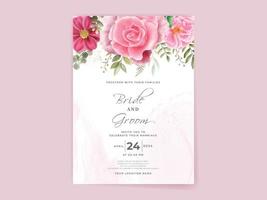 wedding invitation card set with beautiful pink flowers design vector