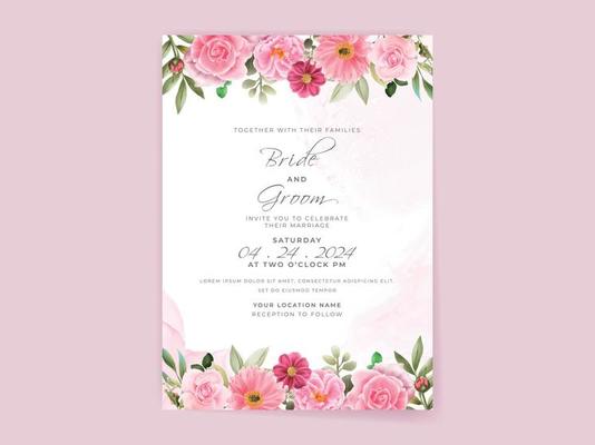 wedding invitation card set with beautiful pink flowers design