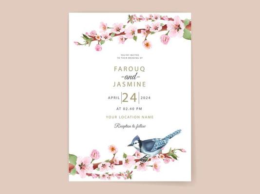 Elegant hand drawing cherry blossom wedding invitation card