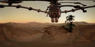 La nave espacial extraterrestre vr 360 gira sobre el desierto. OVNI video