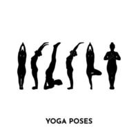 Yoga poses. Set of silhouettes of woman. Different asanas. Isolated stand girl in various positions. Vector icon for logo of class, school. Template illustration for instruction of activity.