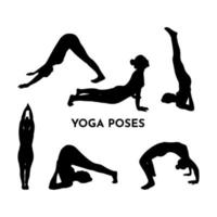 Set of yoga poses. Sport concept. Isolated icon of girl in various position. Vector woman silhouette. Template of logo, image of book instruction.