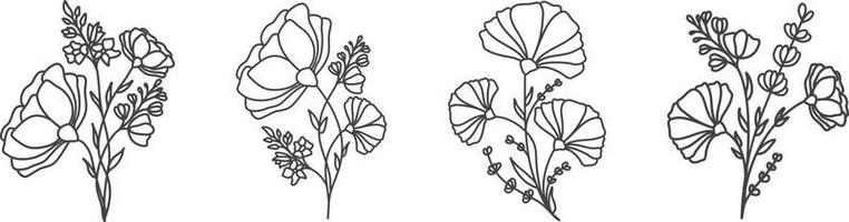 Set of different flower line, botanical floral drawing on white background.