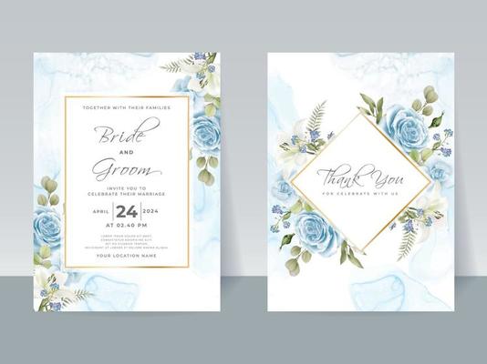 Hand drawing blue roses wedding invitation card