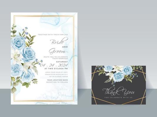 Hand drawing blue roses wedding invitation card