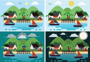 Four weather of fisherman village vector