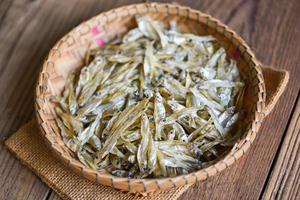 small dried fish on basket and the sack background photo