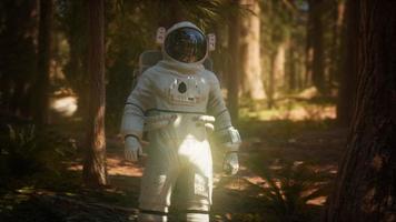 Einsamer Astronaut im dunklen Wald video