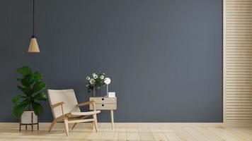 habitación interior moderna con bonitos muebles con sillón sobre fondo de pared azul oscuro vacío. foto