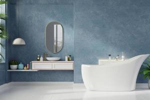 Modern Bathroom interior design on dark blue wall. photo