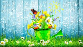 Colorful wild flower bouquet in a watering can with butterflies. photo