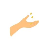 Vector illustration with hand receiving money in cartoon hand drawn flat style. Falling coins on the palm isolated on white background