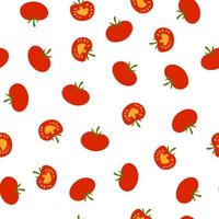 Seamless pattern with red ripe whole and sliced tomatoes in cartoon hand drawn flat style on white background for textile, web design vector