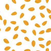 Seamless pattern with ripe raw tasty almond in cartoon hand drawn style on white background for textile, web design, packaging vector