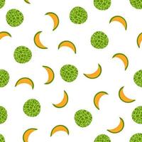 Melon whole and sliced seamless pattern on white background. Vector illustration of fresh cantaloupe melon fruit