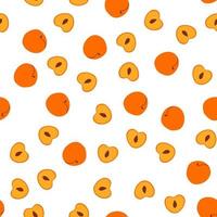 Seamless pattern with whole and sliced peach fruit in hand drawn cartoon style. Summer tropical endless background for textile, web design, packaging vector