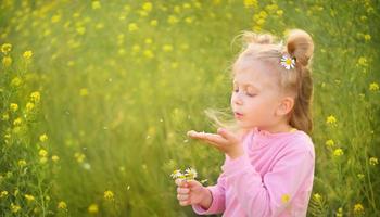 Little blonde girl blows chamomile petals from the palm of her hand. photo