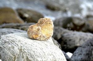 Heart shape stone against background of beach. Summer sunny day. Love, wedding and Valentine day concept. Finding beautiful and interesting stones. Beach vacation photo