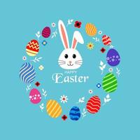 Happy Easter. Colorful easter greetings with bunny and easter eggs. Vector illustration