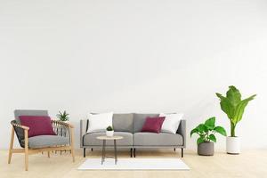 salón minimalista con sofá y sillón, pared blanca y planta verde. representación 3d
