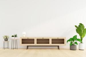 sala de estar minimalista con mueble de televisión y mesa auxiliar, pared blanca y planta verde. representación 3d foto