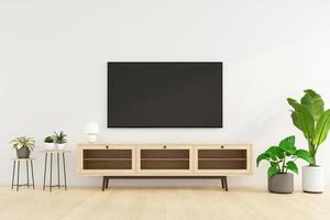 sala de estar minimalista con mueble de televisión y mesa auxiliar, pared blanca y planta verde. representación 3d foto