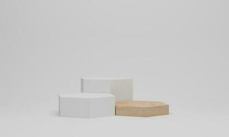 3d render. White podium in hexagon shape. Pedestal mockup on white background. Wood platform for product presentation