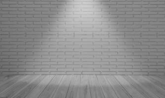 pared de ladrillo blanco y suelo de madera. interior moderno y luminoso. habitación vacía con foco. representación 3d foto