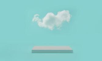 3d rendering. Minimal podium scene with cloud on blue background. Abstract platform with cylinder podium, product display stand. photo