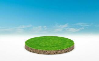 Representación 3d, podio circular de pradera terrestre. sección transversal del suelo con hierba verde sobre fondo de cielo azul. foto