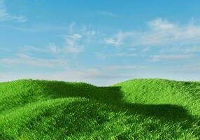 3d rendering. Green grass field over blue sky background. Nature landscape. photo