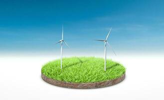 3d rendering. Cross section of green grass with wind turbine over blue sky background.