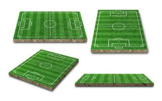 representación 3d colección de campos de fútbol de césped o hierba verde aislada en fondo blanco. perspectiva diferente foto