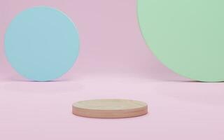 Mockup wood podium, abstract minimalism with pink scene background, 3d render, 3d illustration. photo