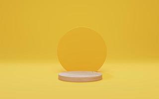 Wood podium on yellow background. Mock up for show cosmetic product display, Podium, stage pedestal. Abstract minimal scene with geometric forms. 3d render photo