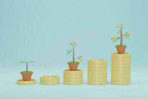 3D Rendering. Coins stack growth graph with tree. Concept of Business investment bank. photo