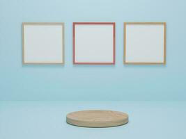 podio de madera de forma geométrica sobre fondo azul. plataformas para la presentación de productos, fondo de marco de imagen simulado. composición abstracta en diseño minimalista. representación 3d foto