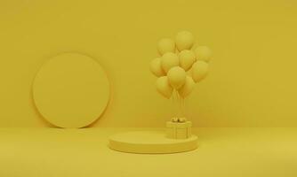 3D rendering. Yellow cylinder podium minimal with balloon on studio background. Abstract geometric shape platform with empty space. photo
