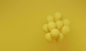 globos festivos sobre fondo amarillo. celebrar un cumpleaños, afiche, pancarta feliz tarjeta de felicitación. representación 3d foto