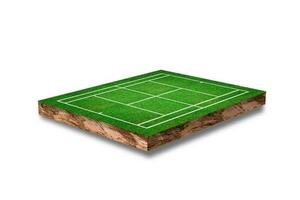 Soil cubic cross section with grass tennis court field isolated on white background. 3D rendering. photo