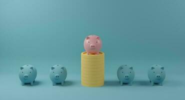 Pink piggy bank on coin stack standing out from crowd of identical blue fellows. Concept of outstanding and different. 3d rendering. photo
