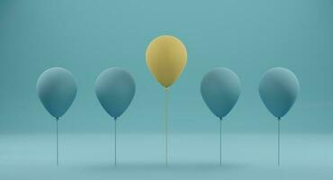 Outstanding yellow balloon among blue balloon on blue background. Concept of different and stand out from the crowd. 3D rendering photo