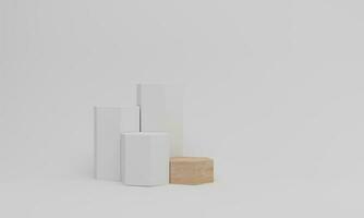 3d render. White podium in hexagon shape. Pedestal mockup on white background. Wood platform for product presentation photo