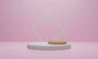 3d rendering. Abstract minimal scene with geometrical. Wood podium on pink color background. Scene for cosmetic products display. photo
