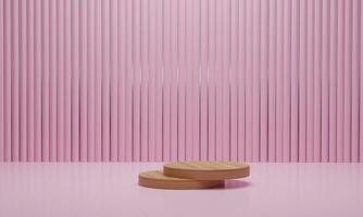 representación 3d escena mínima abstracta con geométrico. podio de madera sobre fondo de color rosa. escena para exhibición de productos cosméticos. foto